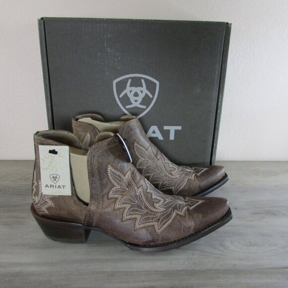 Ariat Women's 9.5 Low Heel Dixon Tooled-Inlay Snip Toe Western Booties Rhino Tan - Picture 1 of 4